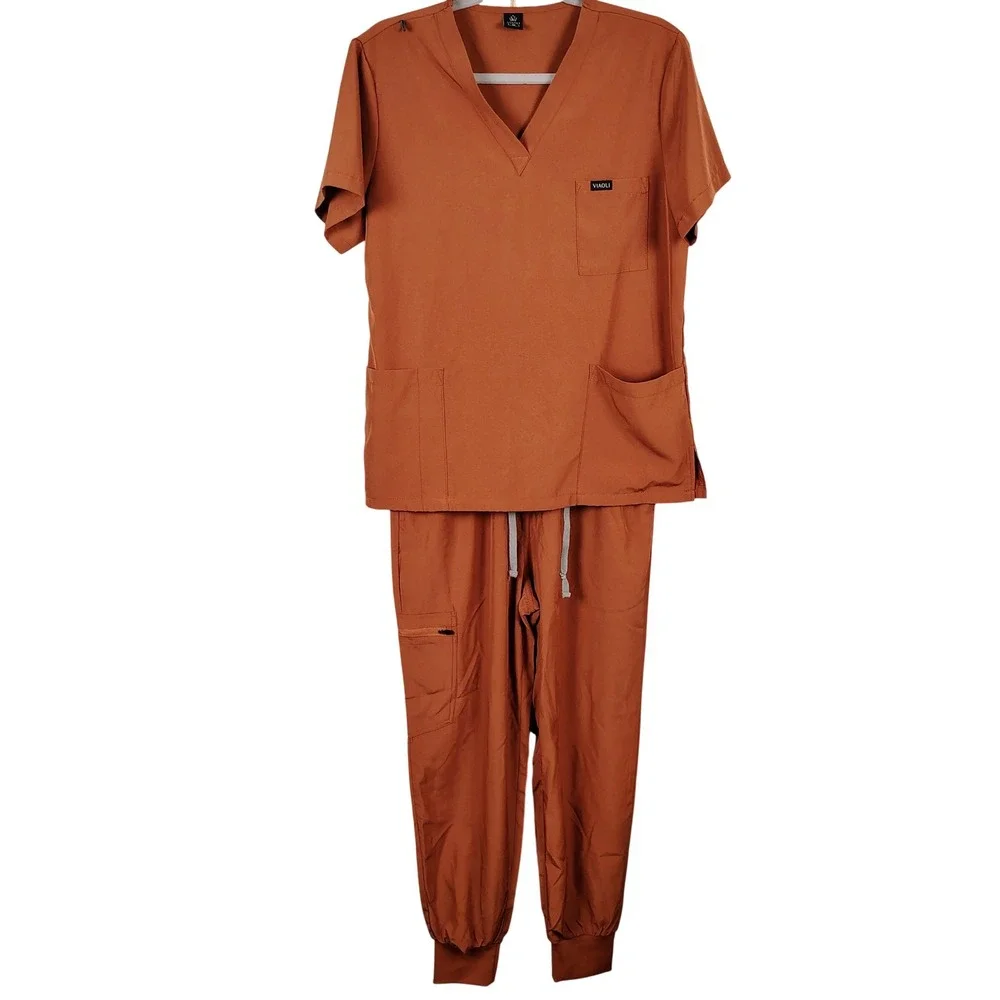 VIAOLI Womens SZ M Scrub Set Burnt Orange Jogger Medical Uniform Medcore
